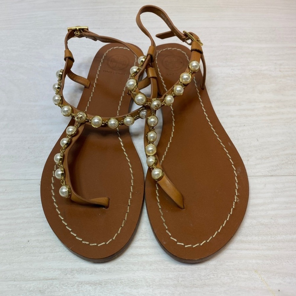 Tory Burch Womens 6.5M Emmy Pearl Sandal Thong Tan Leather Gold Logo Flat Shoe